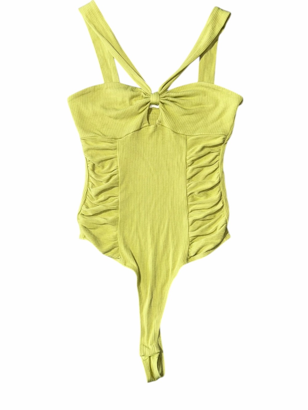 Elodie Lime Ribbed One-Piece Bodysuit with Ruched Sides